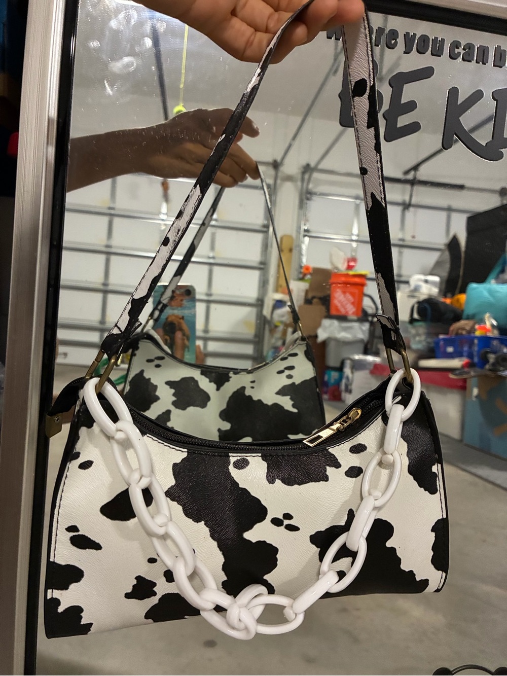 Cow Print Shoulder Bag with Chain Accent - Black & White